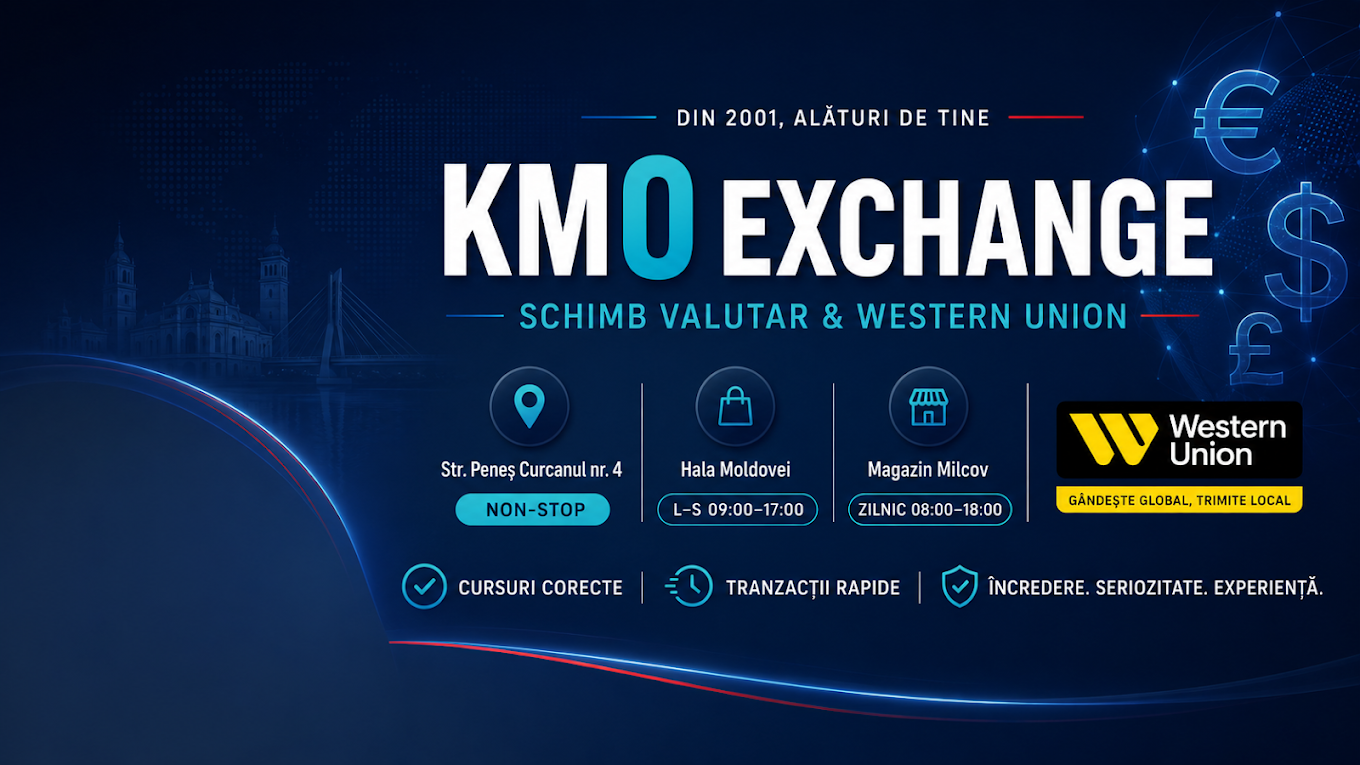 Material de prezentare KM0 Exchange: schimb valutar și Western Union, locații în Focșani